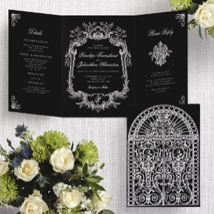 Invitation Trois Volets Mariage à la porte arquée noire et blanche vintage