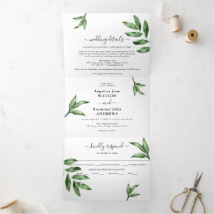 Invitation Trois Volets Mariage à l'aquarelle naturelle avec verdure peint