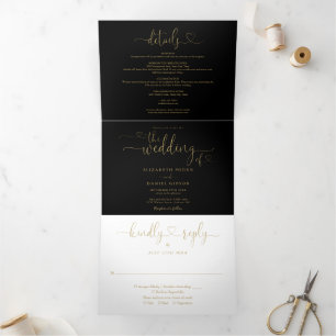 Invitation Trois Volets Mariage à l'écriture cursive cœur noir et or