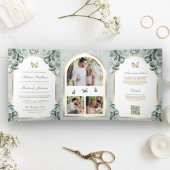 Invitation Trois Volets Mariage à papillon à arc fleuri vert Sage