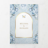 Invitation Trois Volets Mariage à papillon bleu floral doux (Page de couverture)