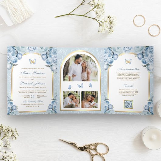 Invitation Trois Volets Mariage à papillon bleu floral doux