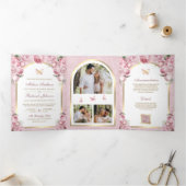 Invitation Trois Volets Mariage à papillon rose floral (Intérieur)