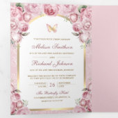 Invitation Trois Volets Mariage à papillon rose floral (Intérieur en premier)