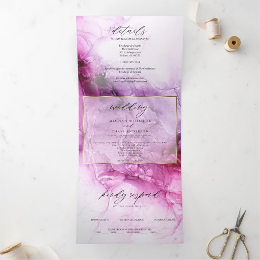 Invitation Trois Volets Mariage Abstrait d'encre Fuchsia (Intérieur)