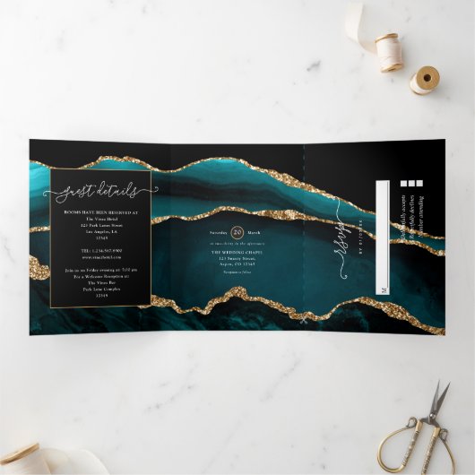 Invitation Trois Volets Mariage Agate Sarcelle et Or (Intérieur)