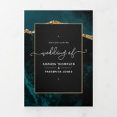 Invitation Trois Volets Mariage Agate Sarcelle et Or (Page de couverture)
