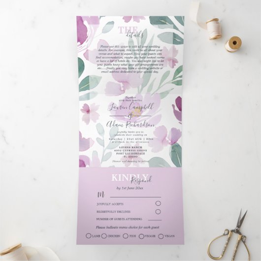 Invitation Trois Volets Mariage aquarelle floral bohème (Intérieur)