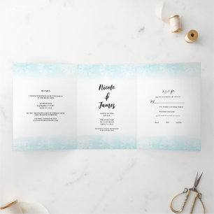 Invitation Trois Volets Mariage aquarelle sarcelle et or Hippocampe