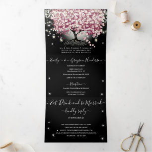 Invitation Trois Volets Mariage Arbre à Feuille en Forme de Coeur Rouge Bo