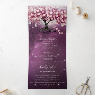 Invitation Trois Volets Mariage Arbre à Feuille en Forme de Cœur Vin Pourp