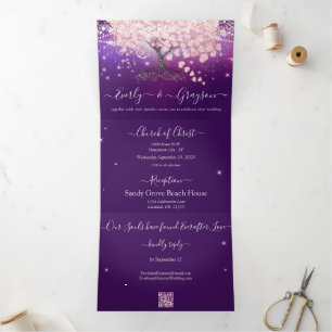 Invitation Trois Volets Mariage Arbre à Feuilles en Cœur et Lilas Violet