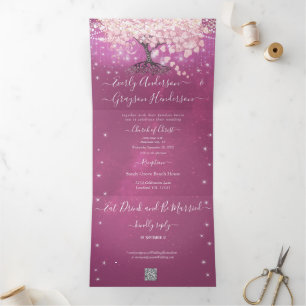 Invitation Trois Volets Mariage Arbre à Feuilles en Forme de Cœur Enchanté