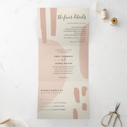 INVITATION TROIS VOLETS MARIAGE ARTISTIQUE MODERNE ABSTRAIT DOUX BLUSH PEA (Intérieur)