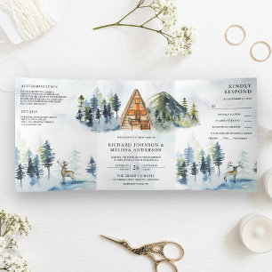 Invitation Trois Volets Mariage au chalet A-Frame dans la forêt de montagn