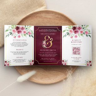 Invitation Trois Volets Mariage au code QR Floral Marsala Rose &