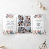 Invitation Trois Volets Mariage au code QR floral rose et bleu poussiéreux (Intérieur)