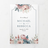 Invitation Trois Volets Mariage au code QR floral rose et bleu poussiéreux (Page de couverture)
