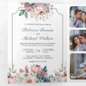 Invitation Trois Volets Mariage au code QR floral rose et bleu poussiéreux (Intérieur en premier)