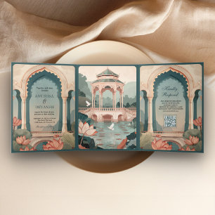 Invitation Trois Volets Mariage au palais indien rustique avec un étang de