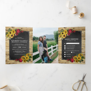 Invitation Trois Volets Mariage au Tournesol Rustique et Roses