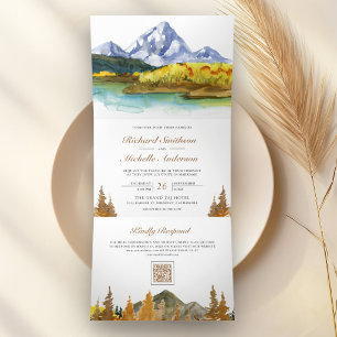 Invitation Trois Volets Mariage Automne Montagne Forêt Lac QR Code