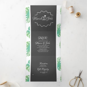 Invitation Trois Volets Mariage aux feuilles de Monstera vert aquarelle mo