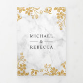 Invitation Trois Volets Mariage aux feuilles florales en marbre blanc et f (Page de couverture)
