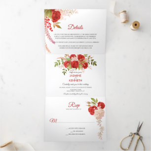 Invitation Trois Volets Mariage aux Roses Rouges et au Feuillage d'Hiver à