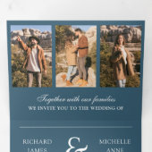 Invitation Trois Volets Mariage avec code QR de collage photo minimal bleu (Intérieur en premier)