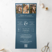 Invitation Trois Volets Mariage avec code QR de collage photo minimal bleu (Intérieur)