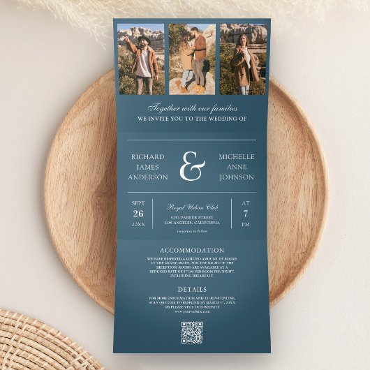 Invitation Trois Volets Mariage avec code QR de collage photo minimal bleu