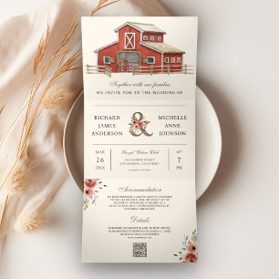 Invitation Trois Volets Mariage avec code QR de grange rouge rustique à la