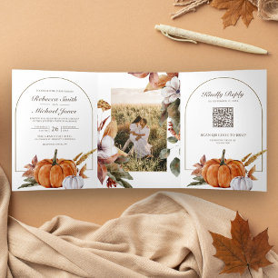 Invitation Trois Volets Mariage avec code QR de photo de citrouille Bohème