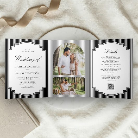 Invitation Trois Volets Mariage avec code QR de photo rayée noir et blanc