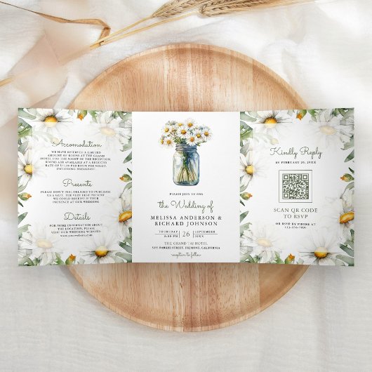 Invitation Trois Volets Mariage avec code QR de pot Mason floral de pâquer
