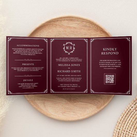Invitation Trois Volets Mariage avec code QR et monogramme bordeaux et bla