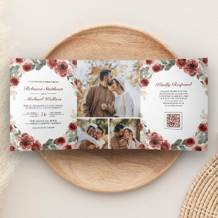 Invitation Trois Volets Mariage avec code QR pour un collage de photos flo
