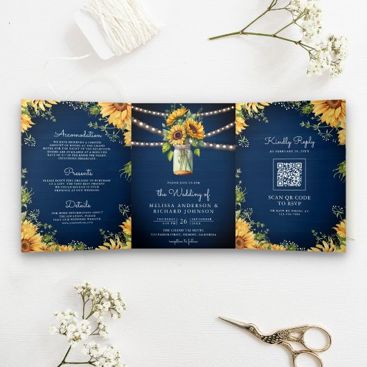 Invitation Trois Volets Mariage avec code QR sur pot Mason Tournesols Bleu