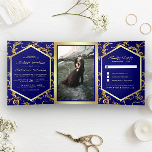 Invitation Trois Volets Mariage avec tourbillon prospère de bleu royal et
