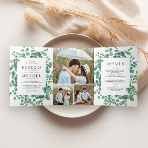 Invitation Trois Volets Mariage avec un collage de feuilles d'eucalyptus m