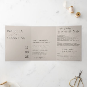 Invitation Trois Volets Mariage Beige Doux Ensemble tout-en-un, répondez s