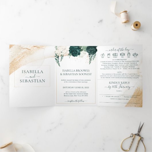 Invitation Trois Volets Mariage Blanc Ensemble Emeraude Roses Vertes (Intérieur)