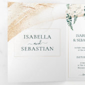 Invitation Trois Volets Mariage Blanc Ensemble Emeraude Roses Vertes (Intérieur en premier)