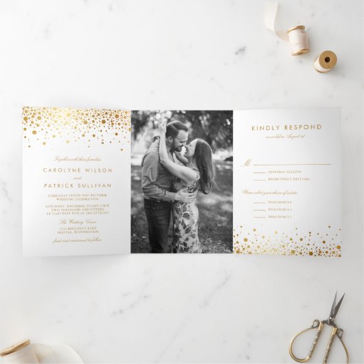 Invitation Trois Volets Mariage blanc Faux Gold Foil Confetti Dots (Intérieur)