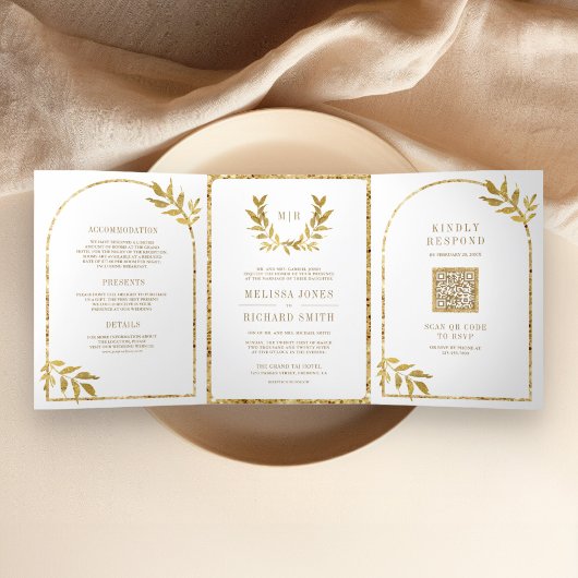 Invitation Trois Volets Mariage blanc Feuille Gold Laurel Wreath