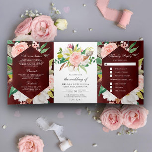 Invitation Trois Volets Mariage Blanc Magnolia Rouge Floral Bourgogne