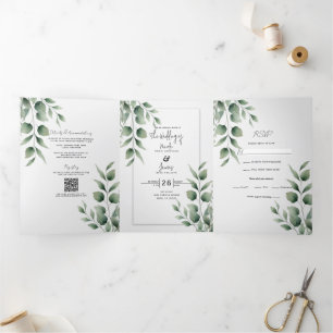 Invitation Trois Volets Mariage Blanc Moderne au Feuillage Minimal
