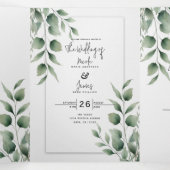 Invitation Trois Volets Mariage Blanc Moderne avec Feuillage Minimal (Intérieur au milieu)