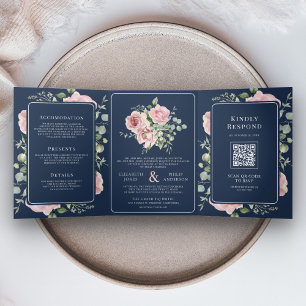 Invitation Trois Volets Mariage bleu bleu bleu marine rose pâle